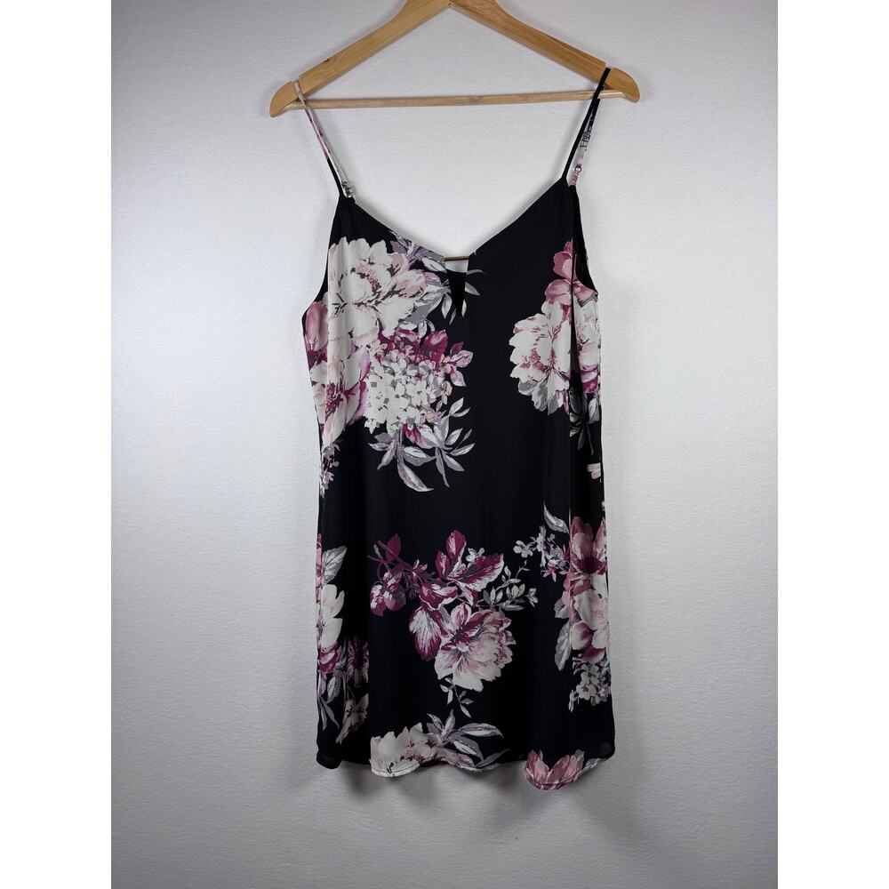Socialite Womens M Black Floral Slip Dress V Neck Keyhole Strappy Mini Dress